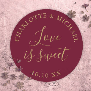 Sticker Rond Burgundy Et Or Love Is Sweet Cadeau De Mariage 