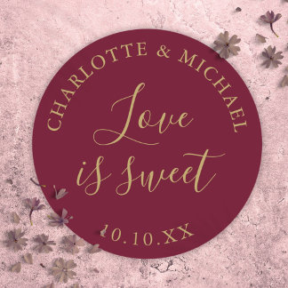 Sticker Rond Burgundy Et Or Love Is Sweet Cadeau De Mariage