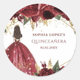 Sticker Rond Burgundy Gold Floral Princess Quinceanera  