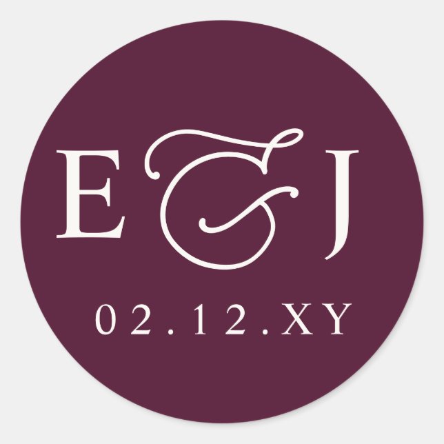 Sticker Rond Burgundy Modern Initials Monogram Wedding (Devant)