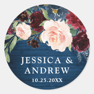 Sticker Rond Burgundy Navy Blue Blush Floral Watercolor Mariage