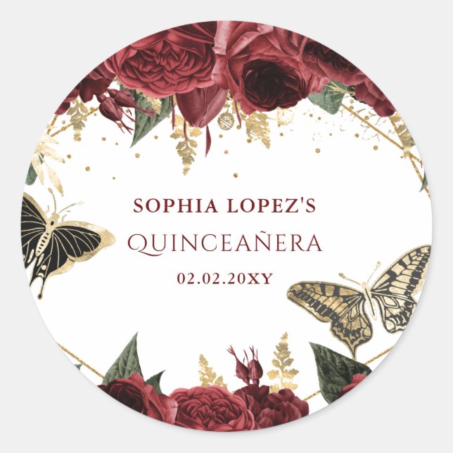 Sticker Rond Burgundy Or Floral Papillons Quinceanera   (Devant)