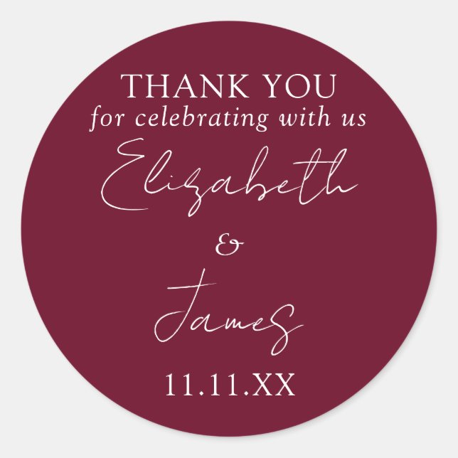 Sticker Rond Burgundy Rouge élégant Mariage de script Merci (Devant)
