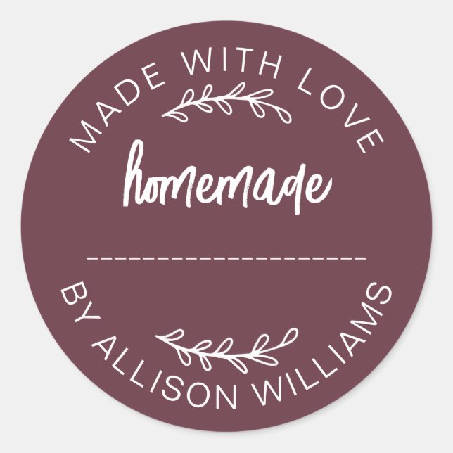 Sticker Rond Burgundy Script Made With Love Homemade Food Jar (Devant)