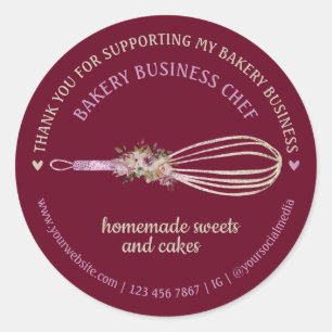 Sticker Rond Burgundy Traiteur Boulangerie Chef Fouet Fleur Mer