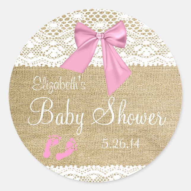Sticker Rond Burlap, Dentelle Blanche, Baby shower Bow Rose (Devant)