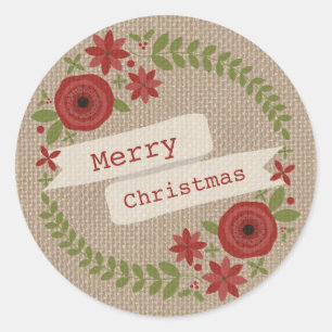 Sticker Rond Burlap Inspecred Floral Wreath Christmas