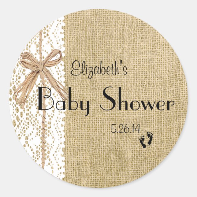 Sticker Rond Burlap Lace et Rafia Image Baby shower-Faveur (Devant)