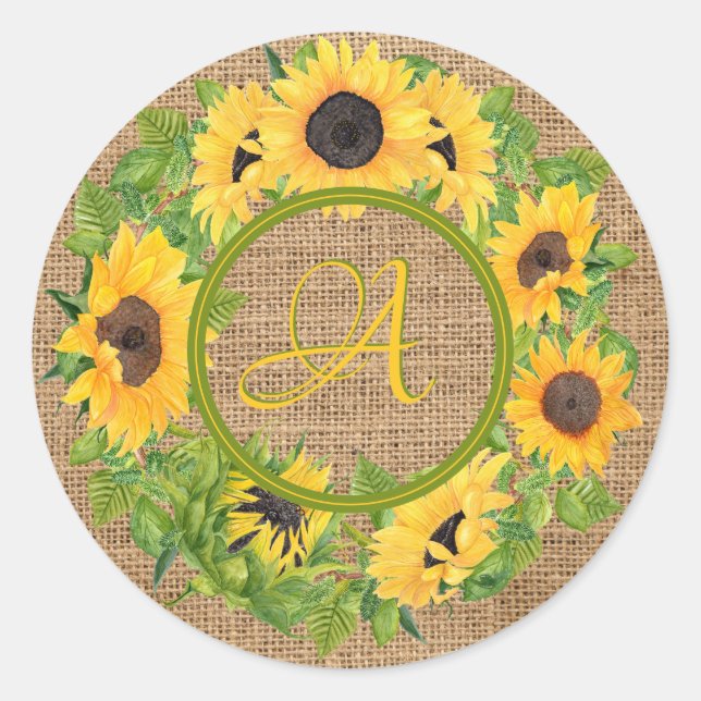 Sticker Rond Burlap Monogramme Rustique Des Tournesols (Devant)