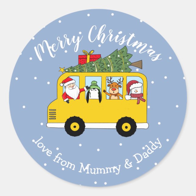 Sticker Rond bus scolaire de Noël père Noël emballage cadeau en (Devant)
