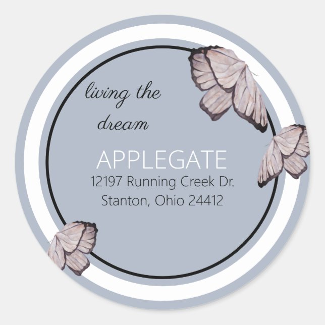 Sticker Rond Butterfly Living the Dream Blue Address (Devant)