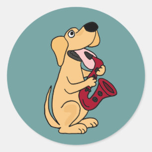 Sticker Rond C.A. chiot jouant la bande dessinée de saxophone