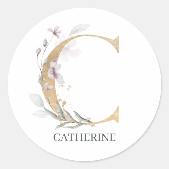 Sticker Rond C Monogramme Floral Personnalisé (Devant)