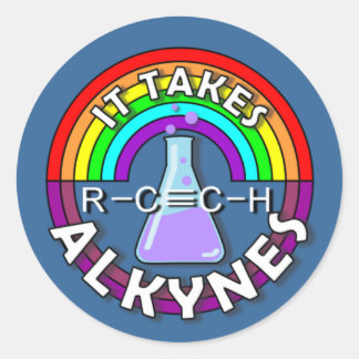 Sticker Rond Ça prend ALKYNES ! Classeur de chimie de flacon ar