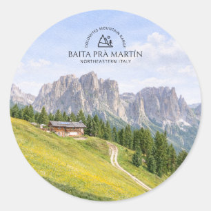 Sticker Rond Cabane alpine dans les Dolomites Aquarelle Paysage