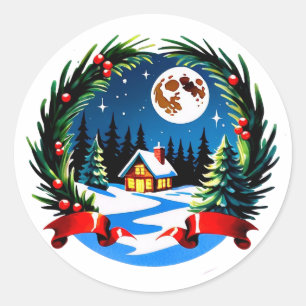 Sticker Rond Cabane d'hiver enveloppée d'une couronne festive