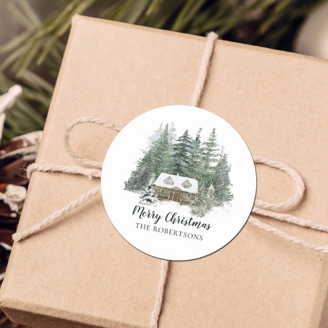 Sticker Rond Cabine de Noël rustique Woodland d'hiver (Créateur téléchargé)