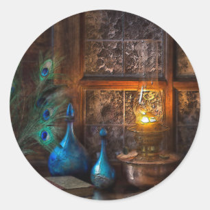 Sticker Rond Cabine rustique lamplié scène brun bleu crème