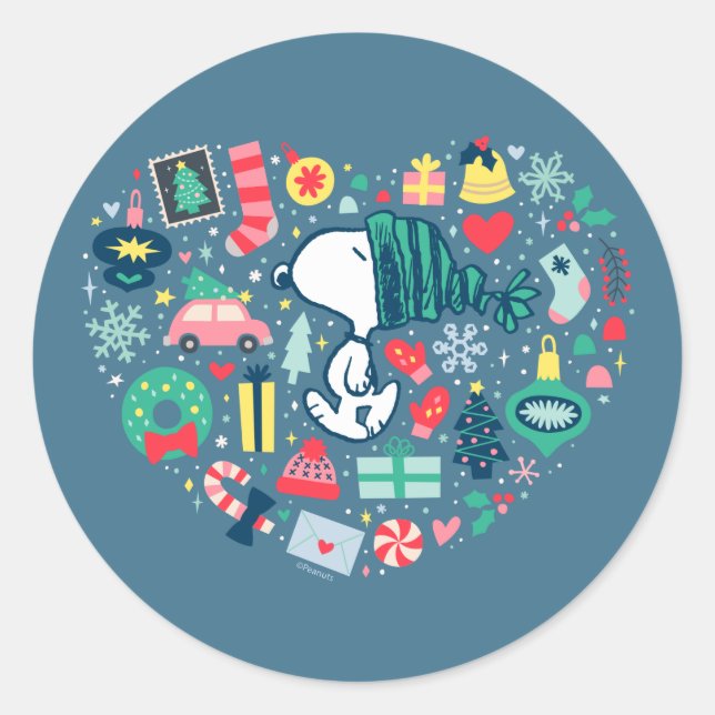Sticker Rond cacahuètes | Snoopy Holiday Happiness Heart (Devant)