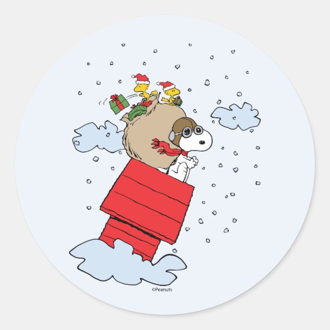 Sticker Rond cacahuètes | Snoopy l'As Volant à Noël (Devant)