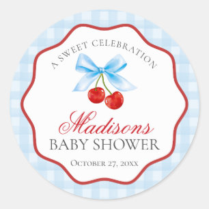 Sticker Rond Cachet de Baby Shower Cerise Douce Bleu Coquette