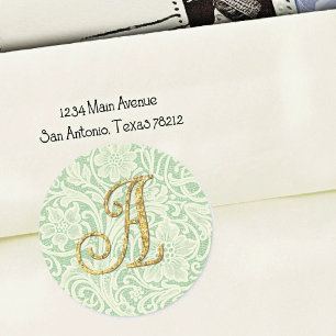 Sticker Rond Cachet de lettre en dentelle à monogramme or vert