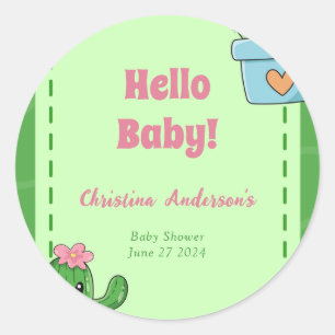 Sticker Rond Cactus Bonjour Baby shower Vert rose Gris