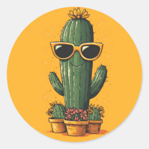 Sticker Rond Cactus cool avec lunettes de soleil et fleurs