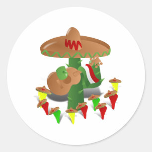 Sticker Rond Cactus de fiesta avec guitare et poivrons dansants