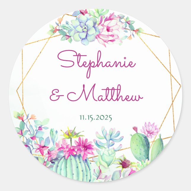 Sticker Rond Cactus géométriques modernes Succulents Mariage fl (Devant)