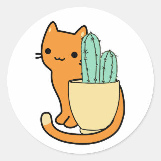 Sticker Rond cactus pot et orange caricature chat