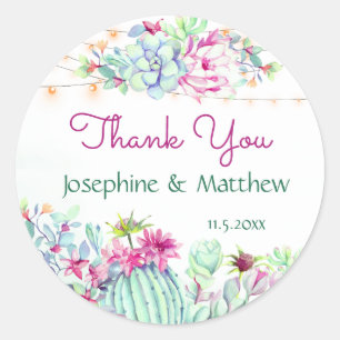 Sticker Rond Cactus Succulents Chaîne Lumières Mariage Merci
