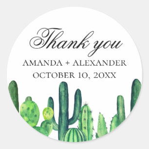 Sticker Rond Cactus vert aquarelle. Merci pour votre mariage de