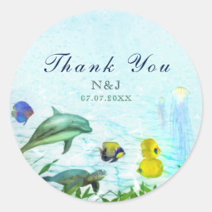 Sticker Rond Cadeau d'aquarelle de plage d'animaux de mer