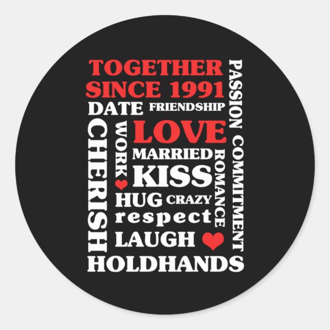 Sticker Rond Cadeau de 29e anniversaire ensemble depuis 1991 (Devant)