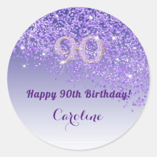 Sticker Rond Cadeau de 90e anniversaire paillettes violet éléga