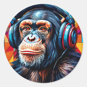Sticker Rond 🎧 Cadeau de amateur de musique singe pour casque 