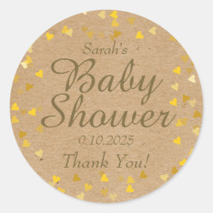 Sticker Rond Cadeau de Baby Shower Cœurs Dorés