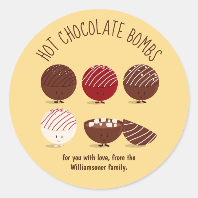 Sticker Rond Cadeau de Bombe de Chocolat Chaud au Nom de Famill (Devant)