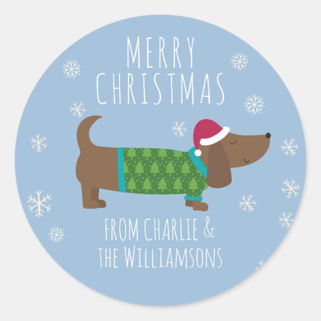 Sticker Rond Cadeau de chien de Noël mignon (Devant)