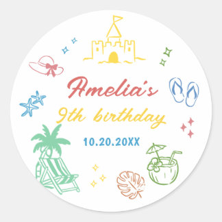 Sticker Rond Cadeau de fête d'anniversaire de fille de plage d'