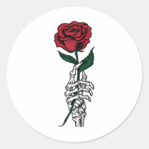 Sticker Rond Cadeau de fleurs roses - Squelette blanc main tena
