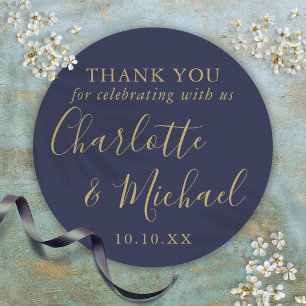 Sticker Rond Cadeau de mariage Navy Blue Gold Signature Remerci