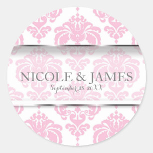Sticker Rond Cadeau de mariage vintage damassé rose et blanc