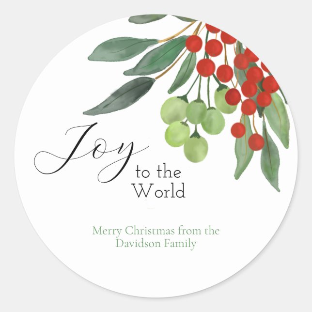 Sticker Rond Cadeau de Noël Baie de Houx Rouge Joie au Monde (Devant)