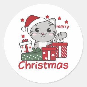 Sticker Rond Cadeau de Noël Chat Animaux d'hiver Chats
