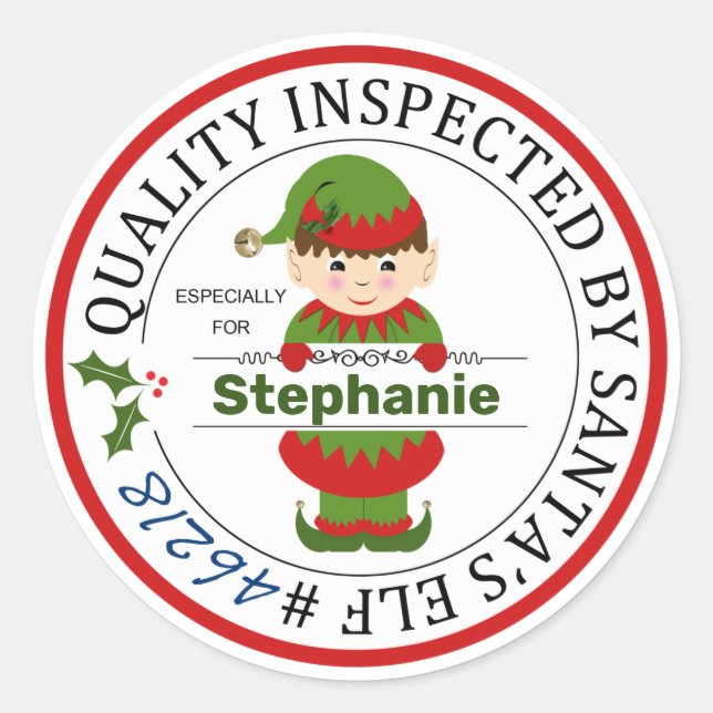 Sticker Rond Cadeau de Noël inspecté par Père Noël Elf (Devant)