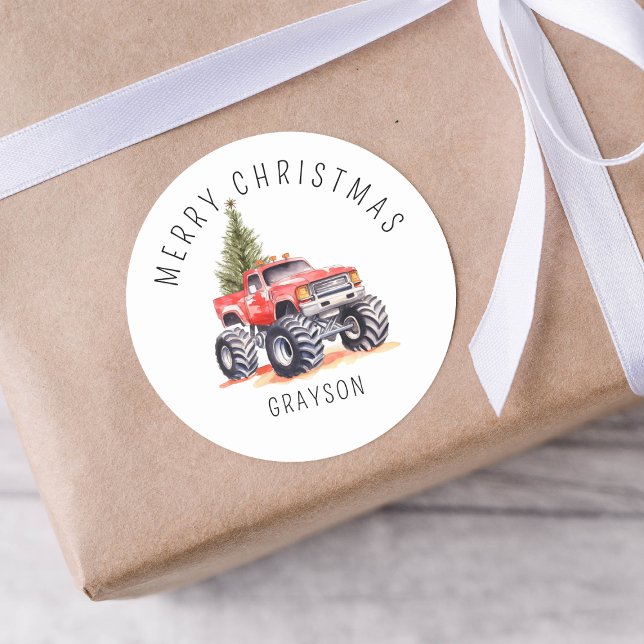 Sticker Rond Cadeau de Noël personnalisé Camion Monstre Rouge (Créateur téléchargé)