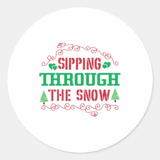 Sticker Rond Cadeau de Noël Sipping À Travers La Neige