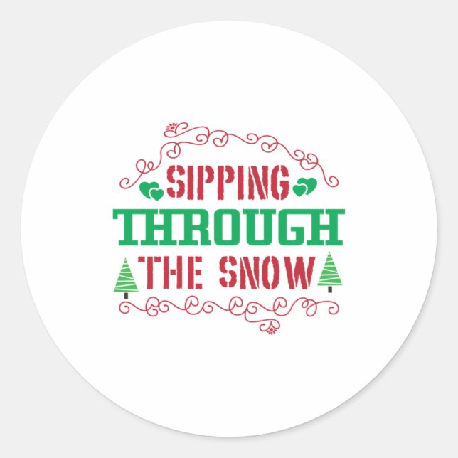Sticker Rond Cadeau de Noël Sipping À Travers La Neige (Devant)
